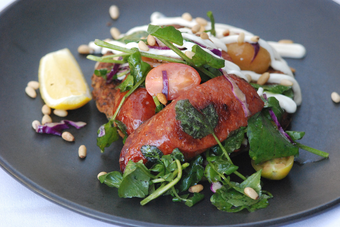 Zucchini Fritters, Chorizo, Watercress, Yoghurt