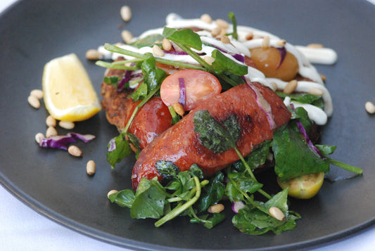 Zucchini Fritters, Chorizo, Watercress, Yoghurt