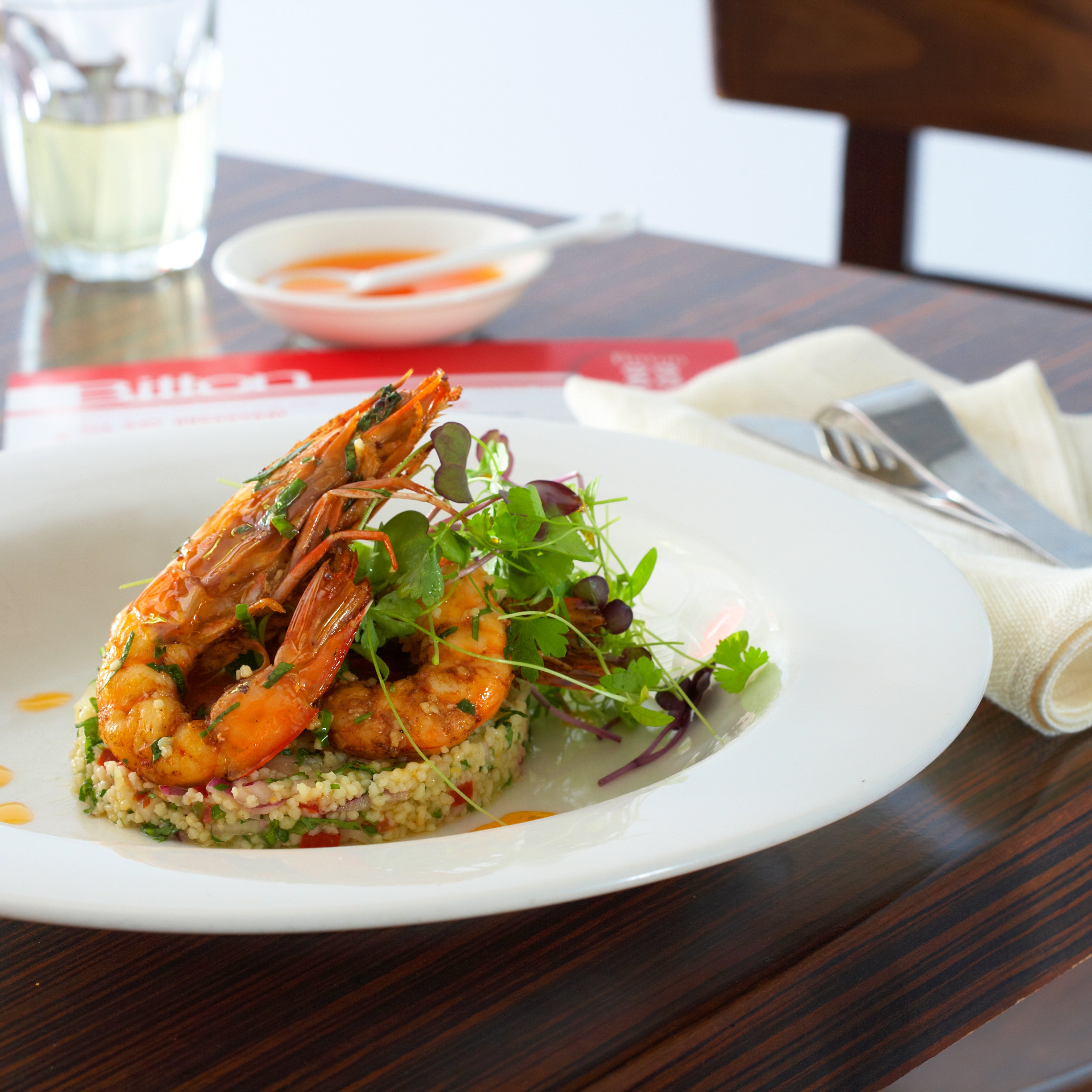 Chilli Garlic Masala Prawns, Couscous Salad Bitton