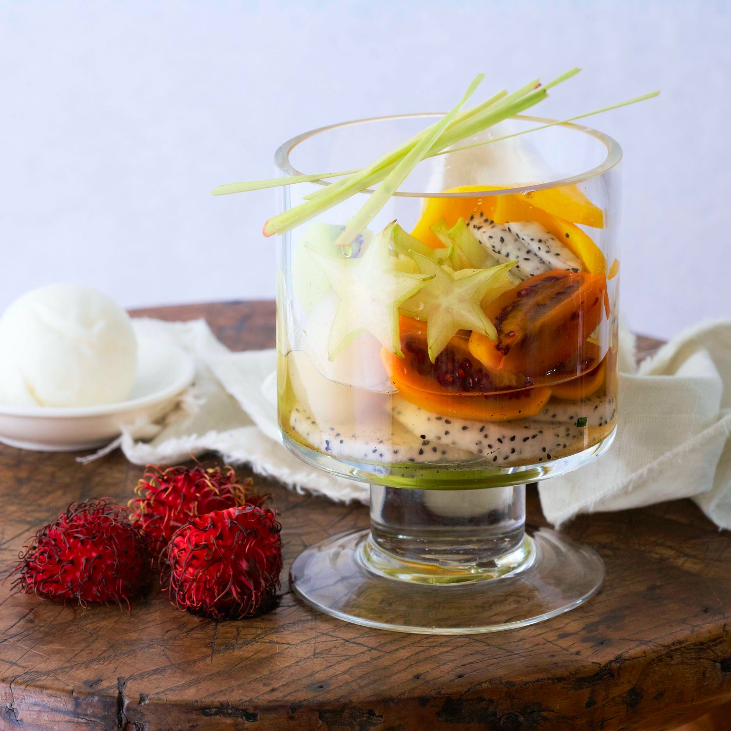 Exotic Fruit Salad, Lemongrass Broth, Ginger Ice Cream Bitton