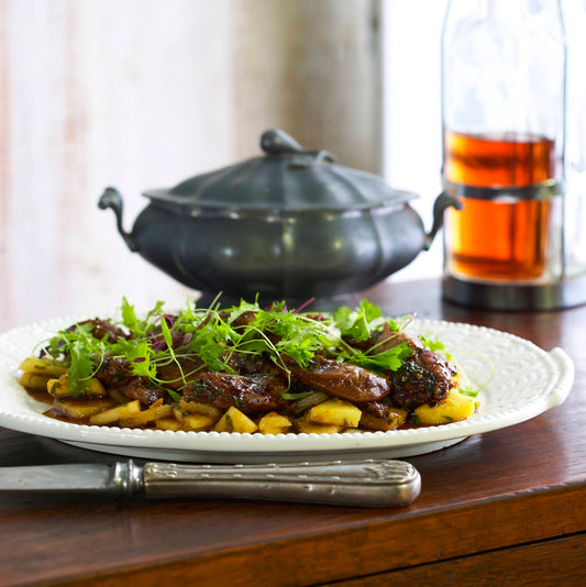 Glazed Quail, Spiced Apple Stir-fry