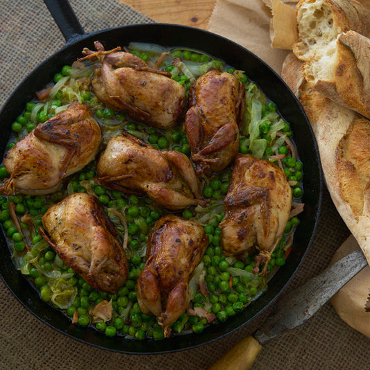Roast Quail Flambe, Fresh Peas