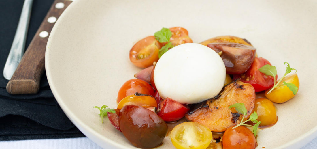 Salad of Grilled Peaches and Heirloom Tomatoes With Burrata